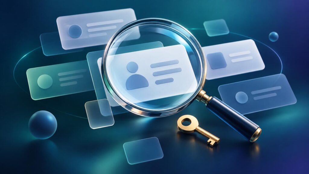 Abstract magnifying glass and key over blank digital cards, representing a secure DV entry status check.