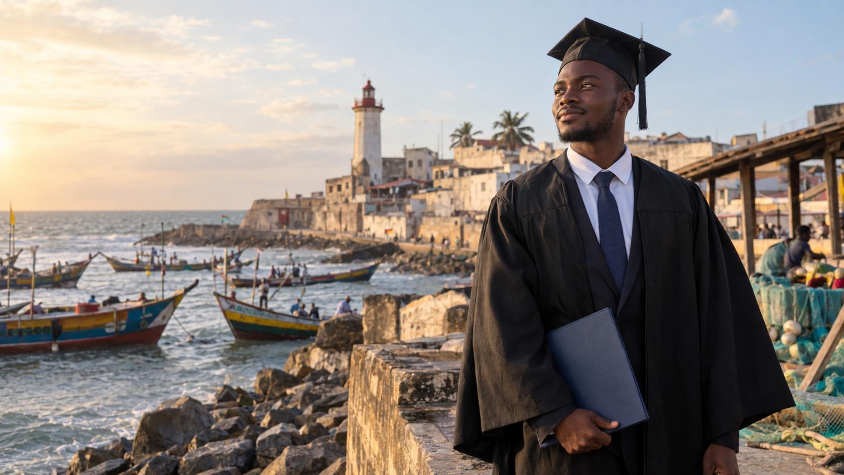 Ghanaian graduate holding an unmarked folder by the Accra coast, with fishing boats and lighthouse.