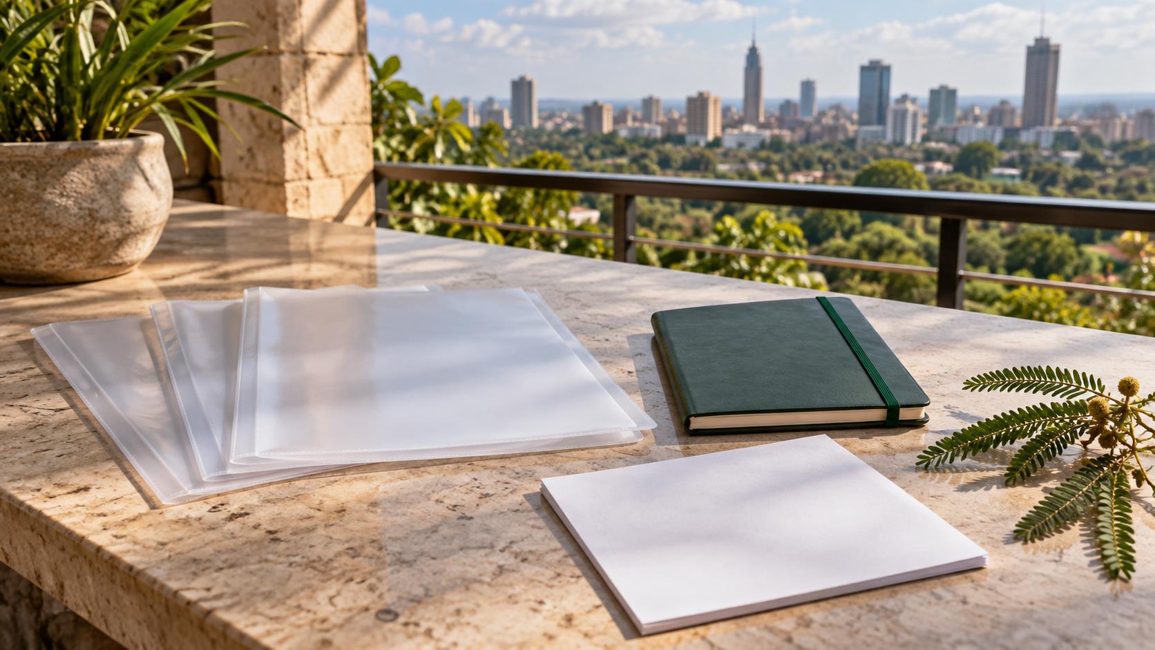 Blank document sleeves and green notebook on a terrace with Nairobi skyline in the background.