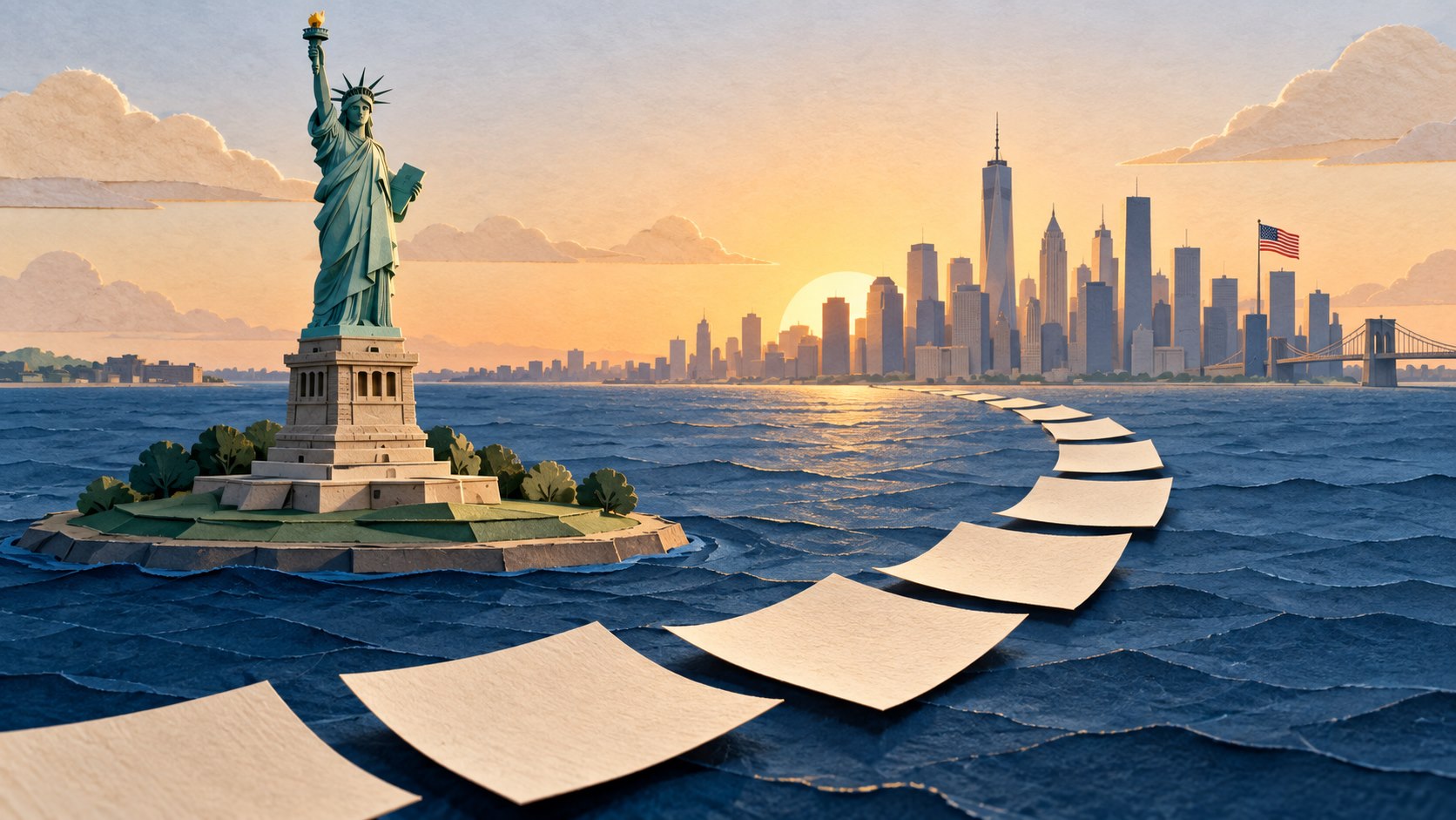 Paper-art Statue of Liberty and a curved path of blank sheets across blue water toward the New York skyline.