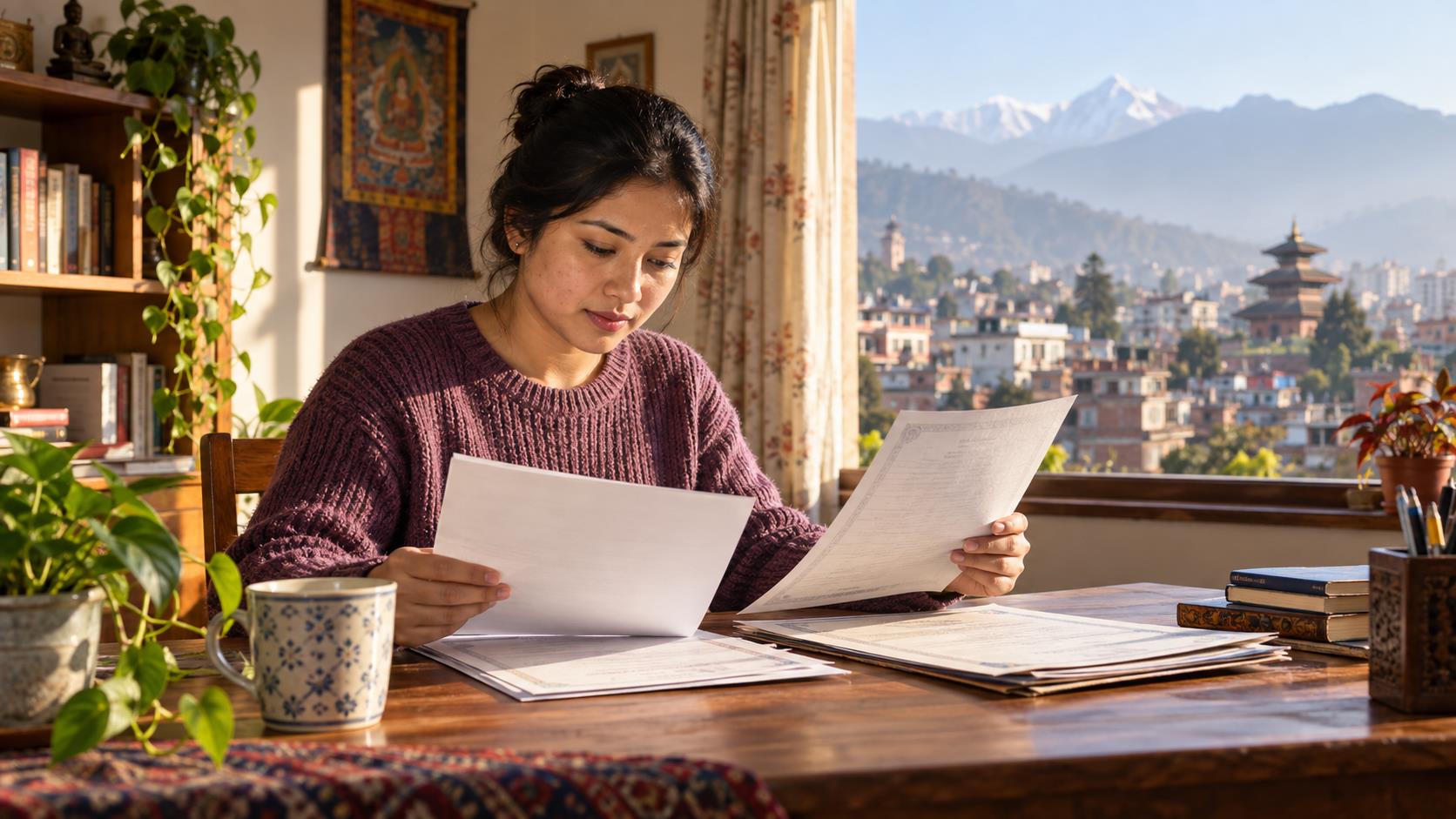 Nepali adult reviewing school and birth records at home with a Kathmandu Valley view.