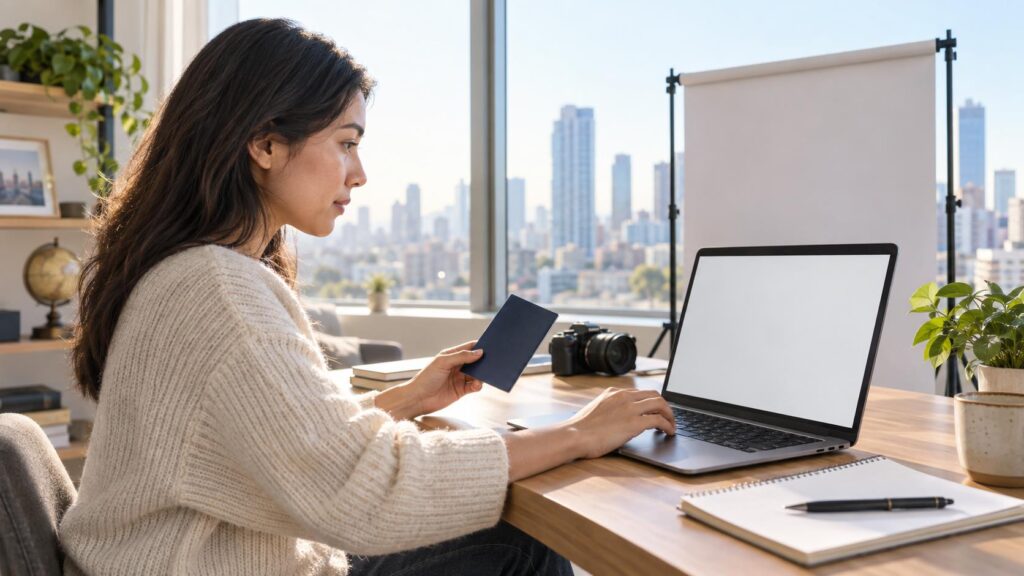 Applicant preparing a DV Lottery online entry at a laptop in a bright home office.