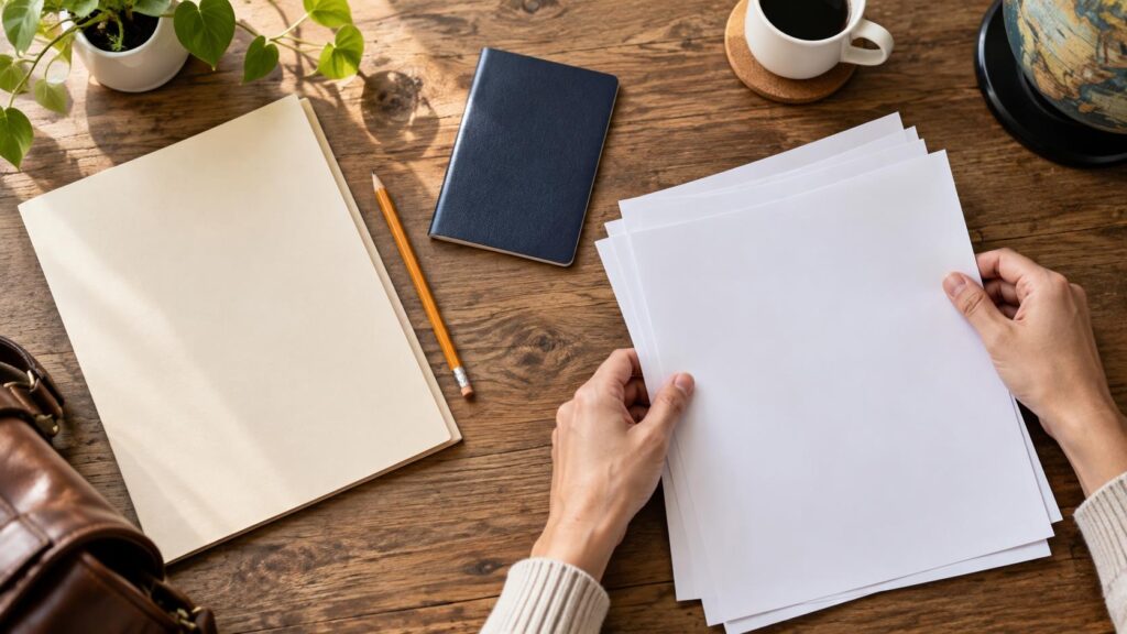 Hands organizing blank eligibility documents beside a plain travel booklet on a desk.