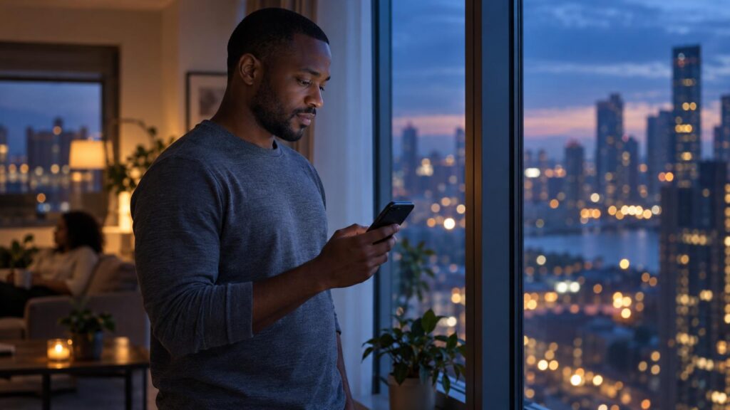 Man checking a phone beside a city window at dusk while awaiting DV Lottery results.