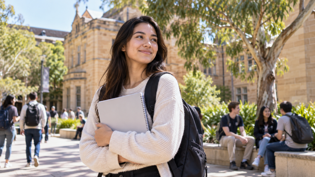 International student with a notebook on a sunny Australian university campus; conceptual image.