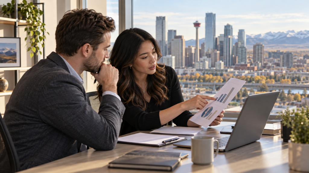 Two colleagues discussing a compensation chart in a Calgary office overlooking the city.