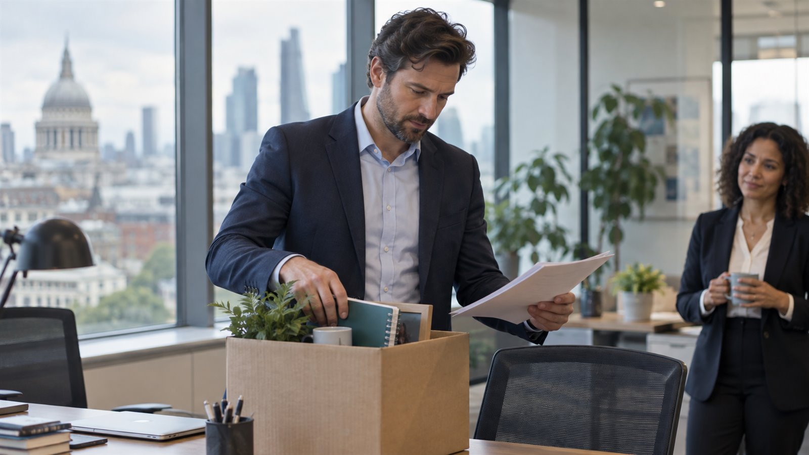 An office employee reviews documents while preparing for a career transition.