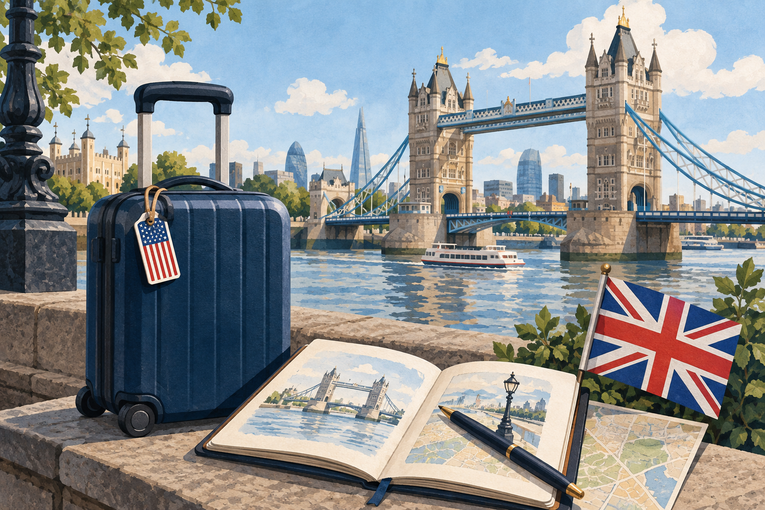 Illustration of Tower Bridge, a UK flag and luggage with a small U.S. flag tag