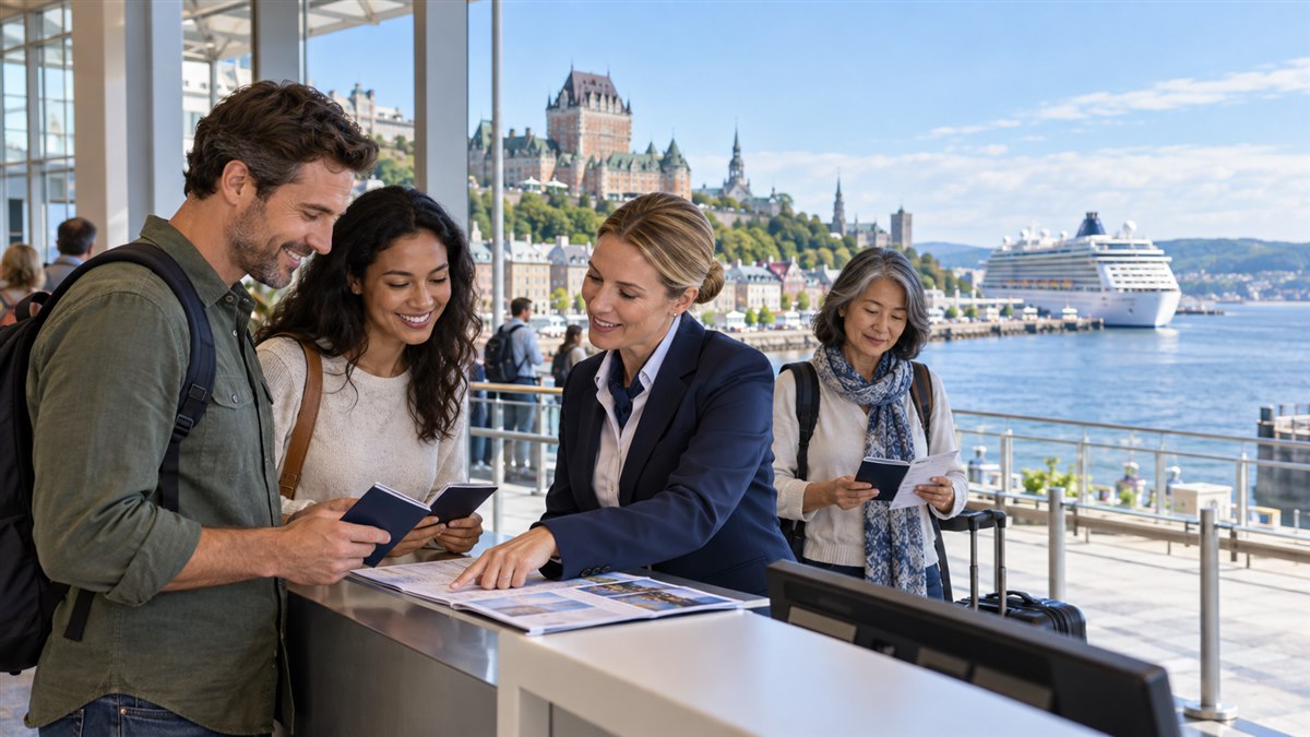 International cruise passengers reviewing entry documents beside the Saint Lawrence River