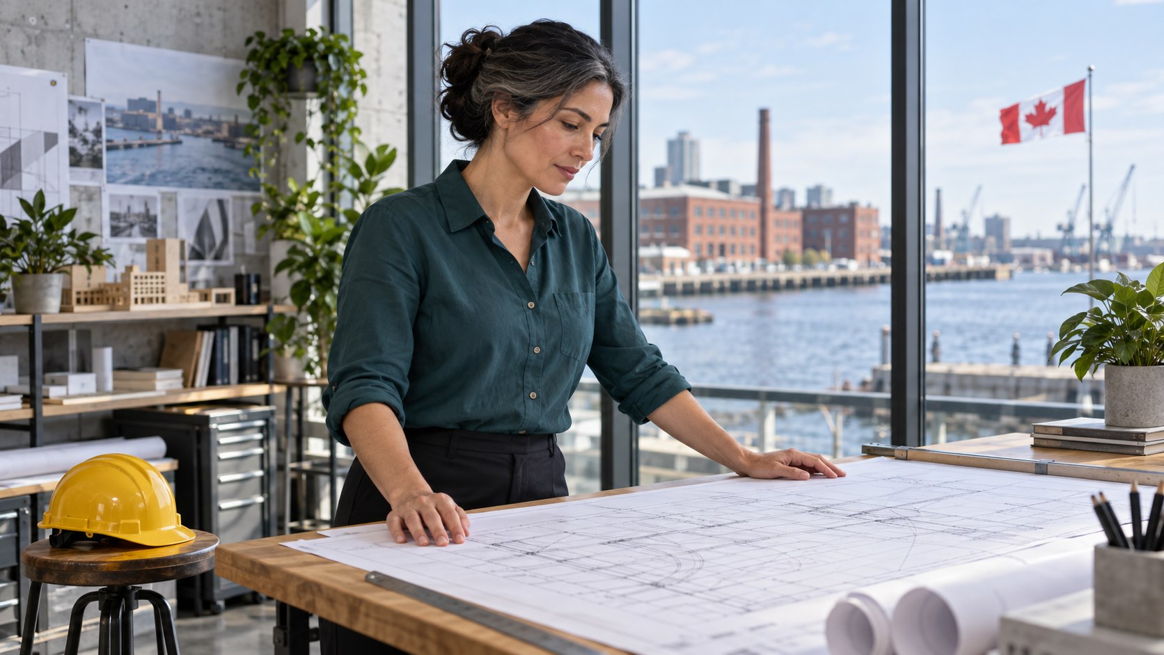 Professional reviewing a technical drawing in a waterfront studio with a safety helmet and Canadian flag.