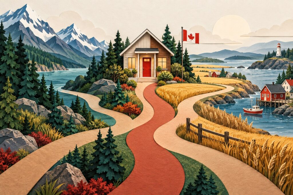 Paper-cut illustration of paths leading to a home with a Canadian flag, surrounded by mountains, prairie fields and a coastal village.