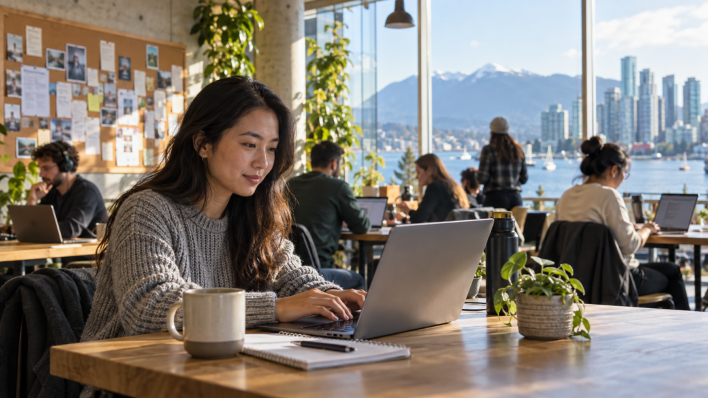 Job seeker at a laptop in a Vancouver workspace overlooking the waterfront skyline.