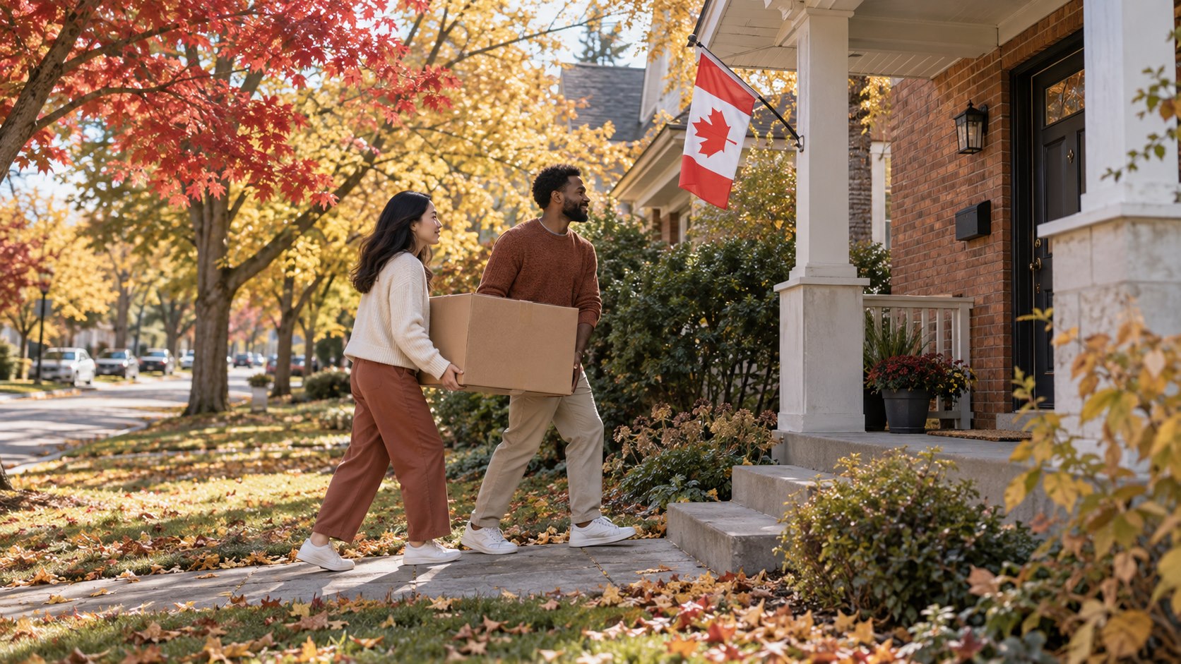 Couple carrying a moving box toward a brick home with a Canadian flag and autumn maple trees.