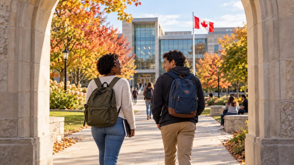 Two students with backpacks walking through a stone arch toward a campus library, with autumn trees and a Canadian flag.