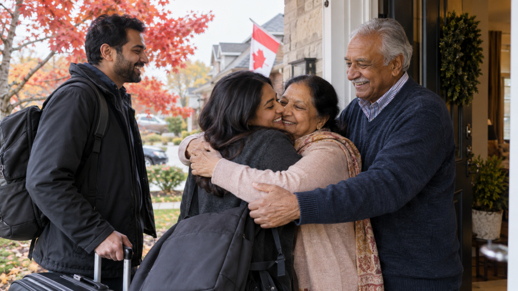 Adult children welcoming older parents at a Canadian home; conceptual image.