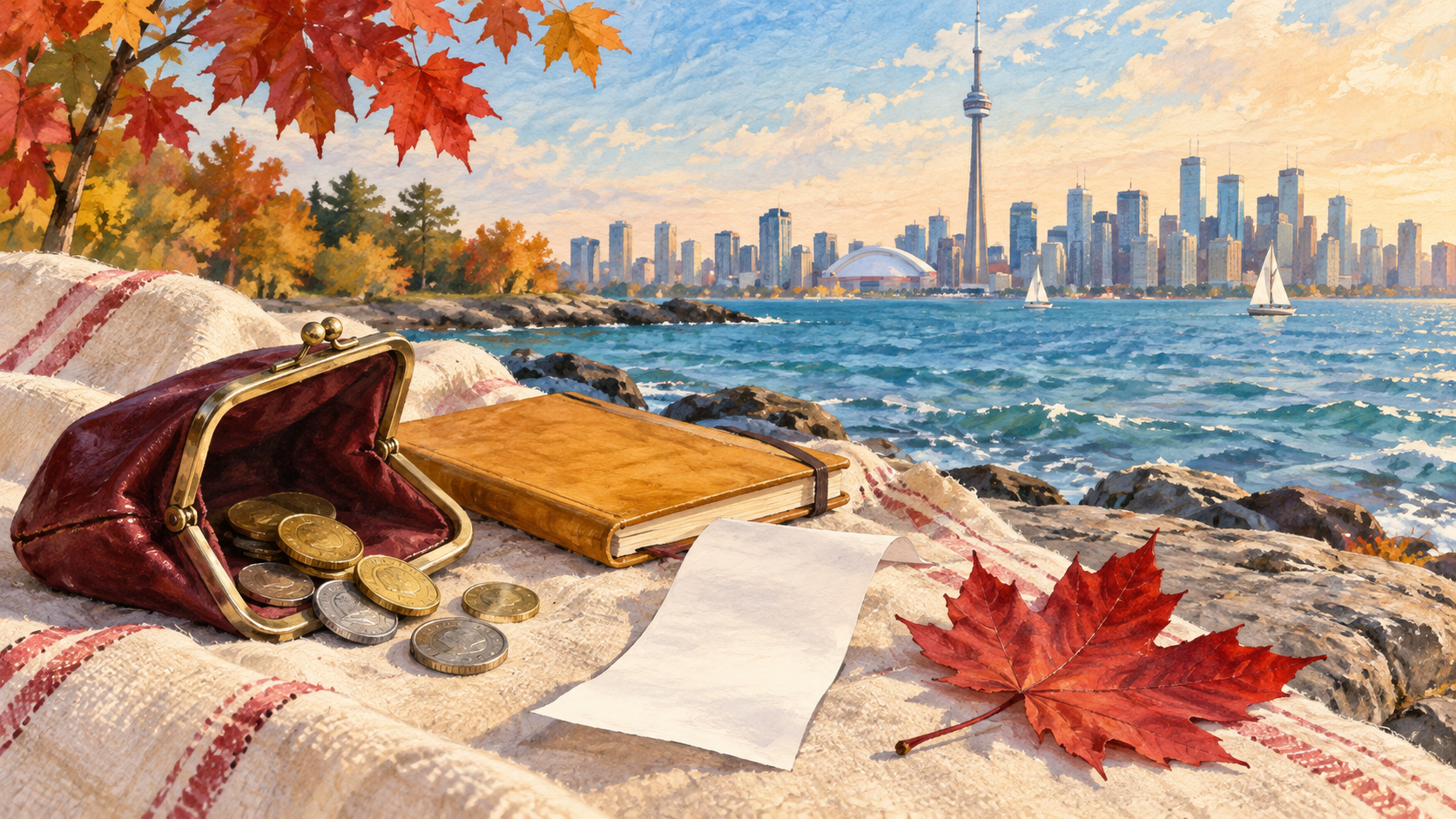 Illustrated coin purse, notebook and maple leaf beside Lake Ontario, with Toronto and the CN Tower in the background.