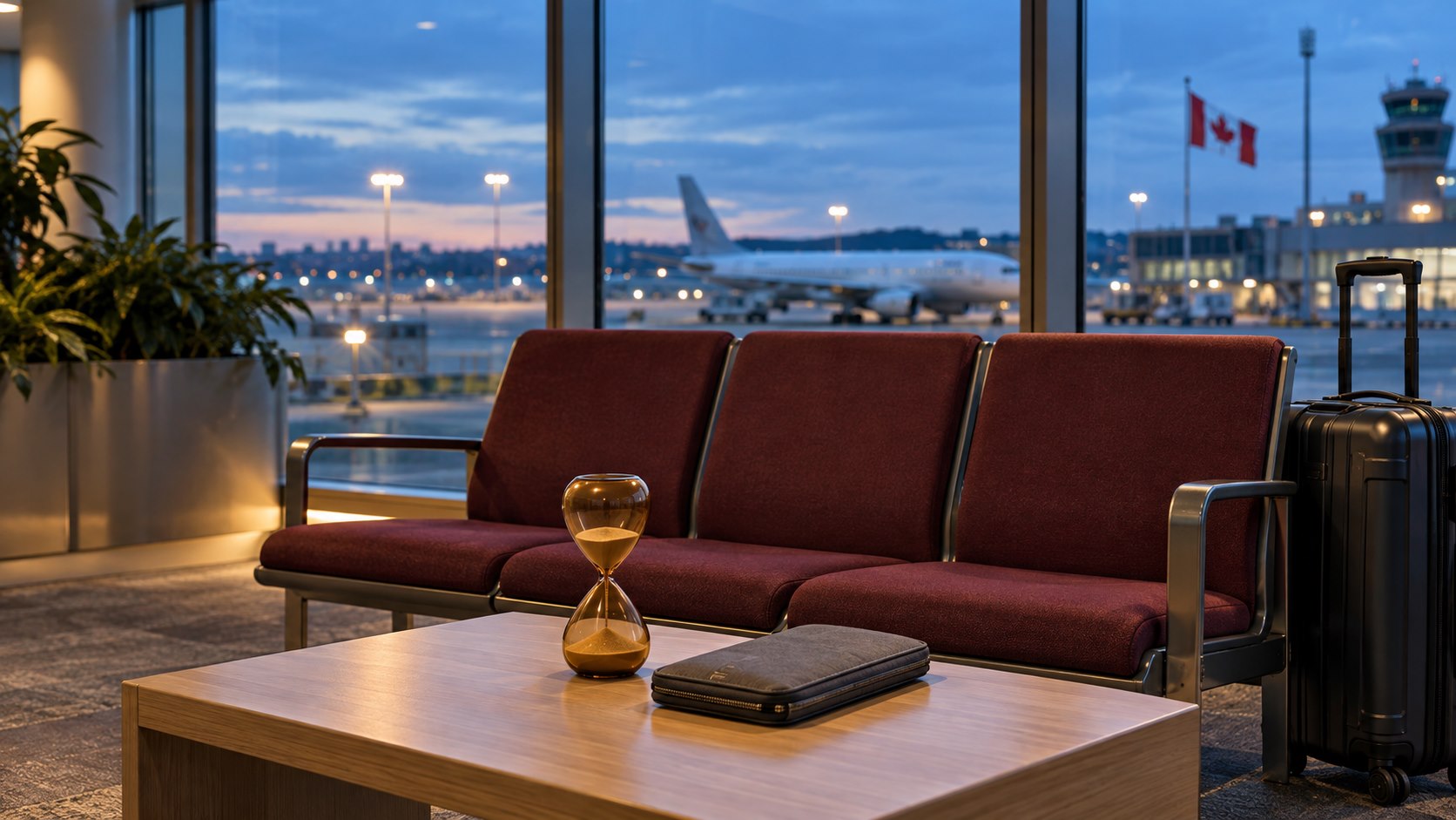 Empty airport lounge seats beside an amber hourglass and travel organizer, with a Canadian flag and blurred aircraft beyond the window.