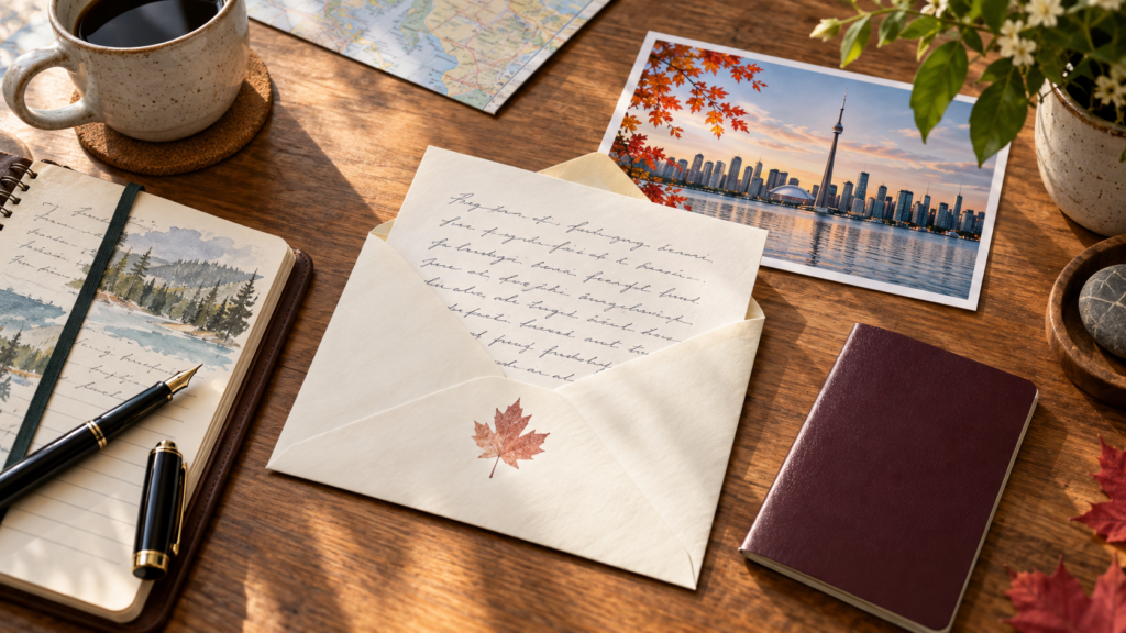 Invitation letter, envelope, passport and Toronto postcard on a desk; conceptual image.