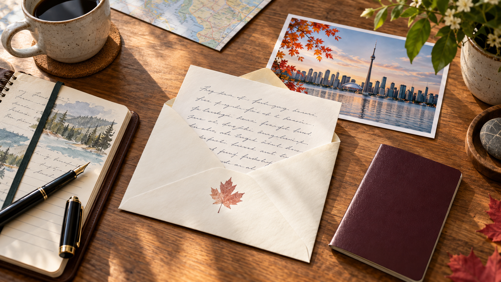 Invitation letter, envelope, passport and Toronto postcard on a desk; conceptual image.