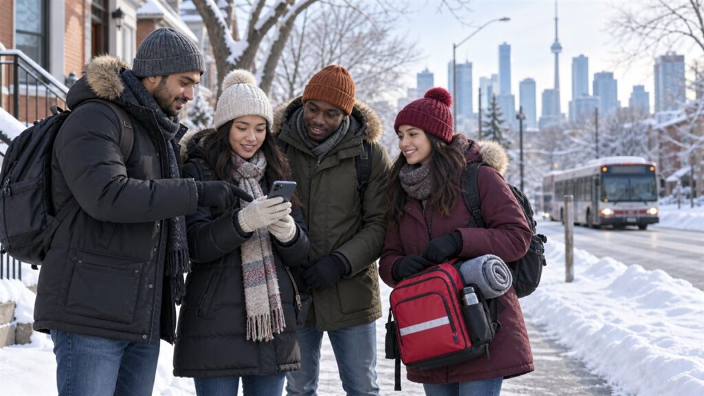 Newcomers wearing winter clothing and checking weather information in Canada