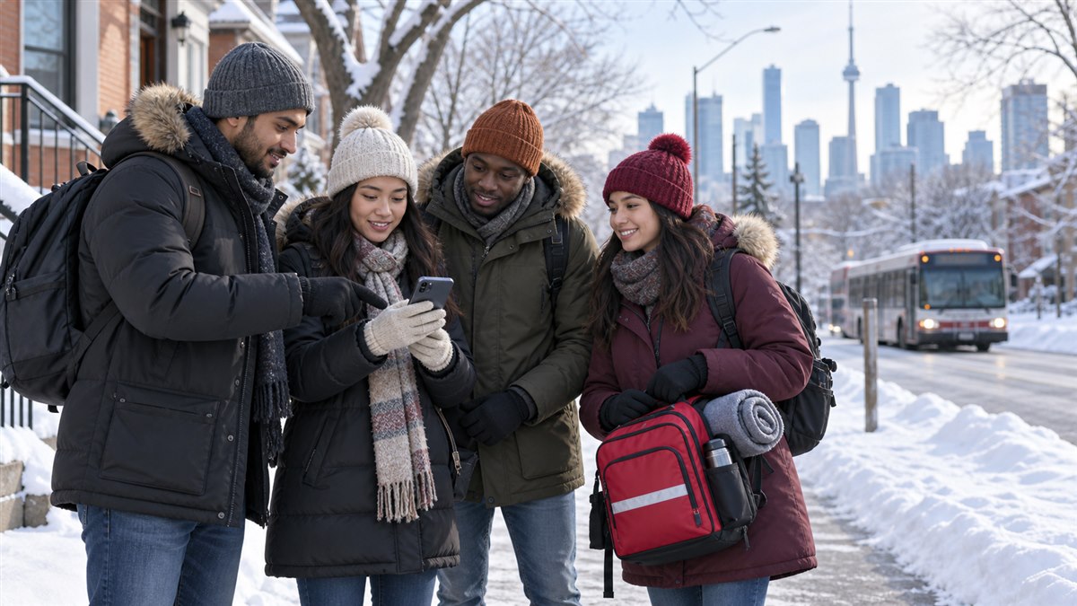 Newcomers wearing winter clothing and checking weather information in Canada
