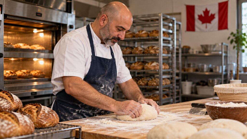 Baker shaping dough on a wooden workbench with bread racks and a Canadian flag in the background.