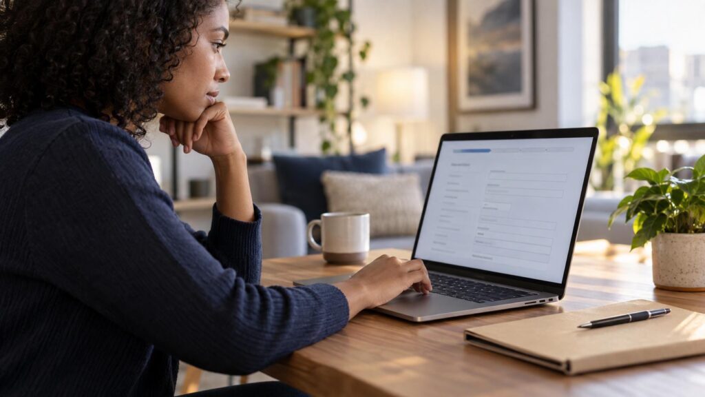 Person reviewing an online application on a laptop at home.