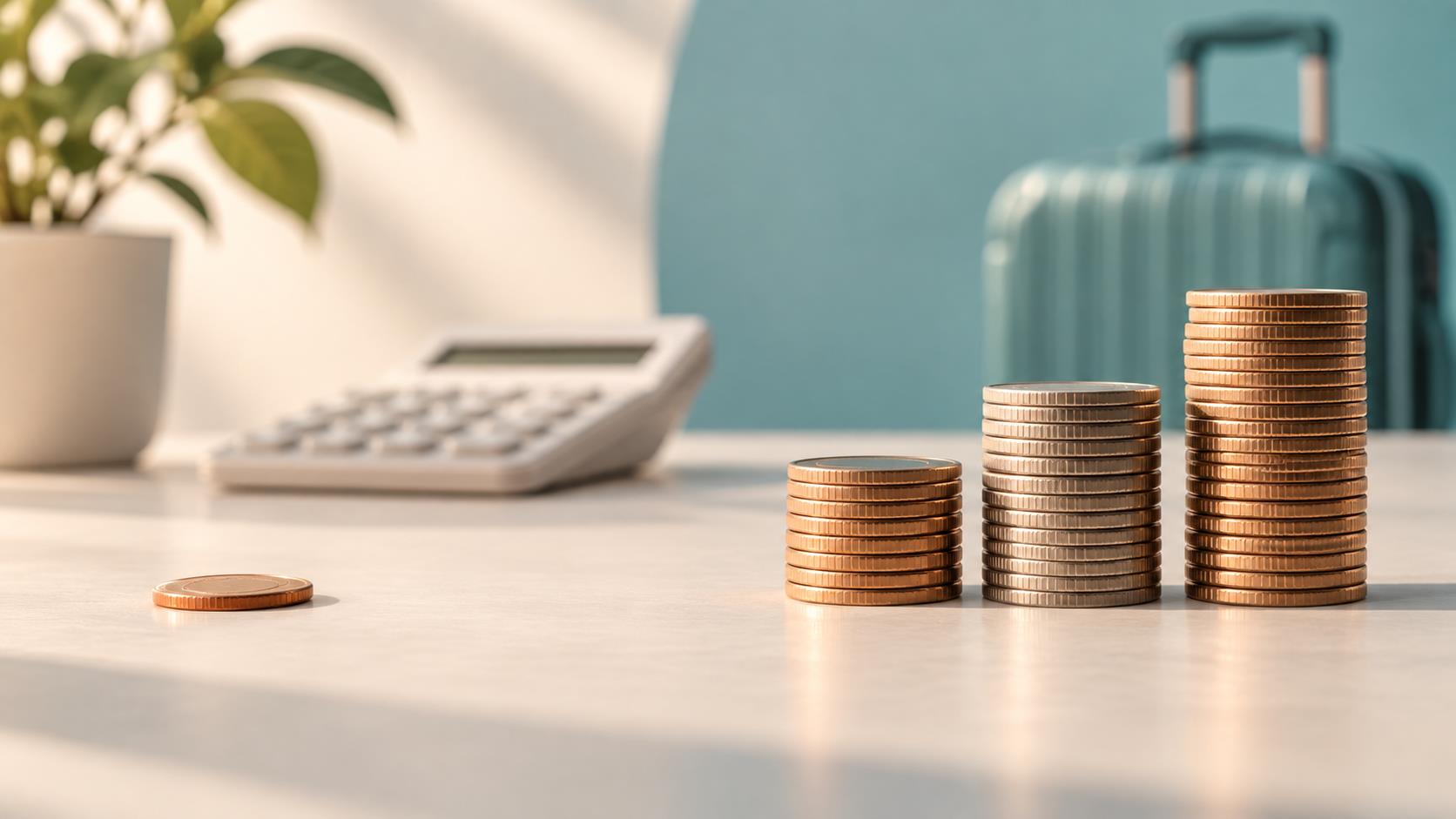 One small coin beside three larger stacks of unmarked coins and a calculator.