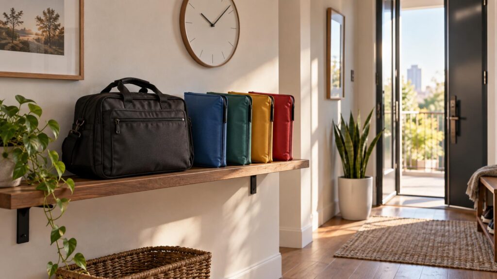 Organized document pouches and a travel bag by an apartment doorway.
