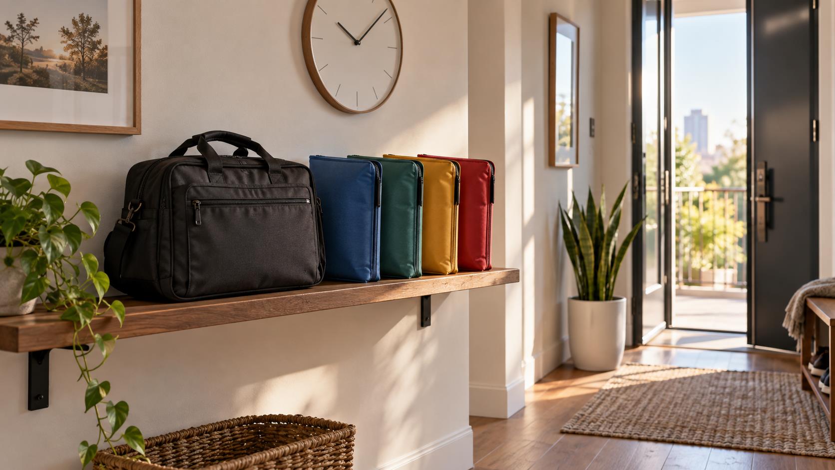Organized document pouches and a travel bag by an apartment doorway.