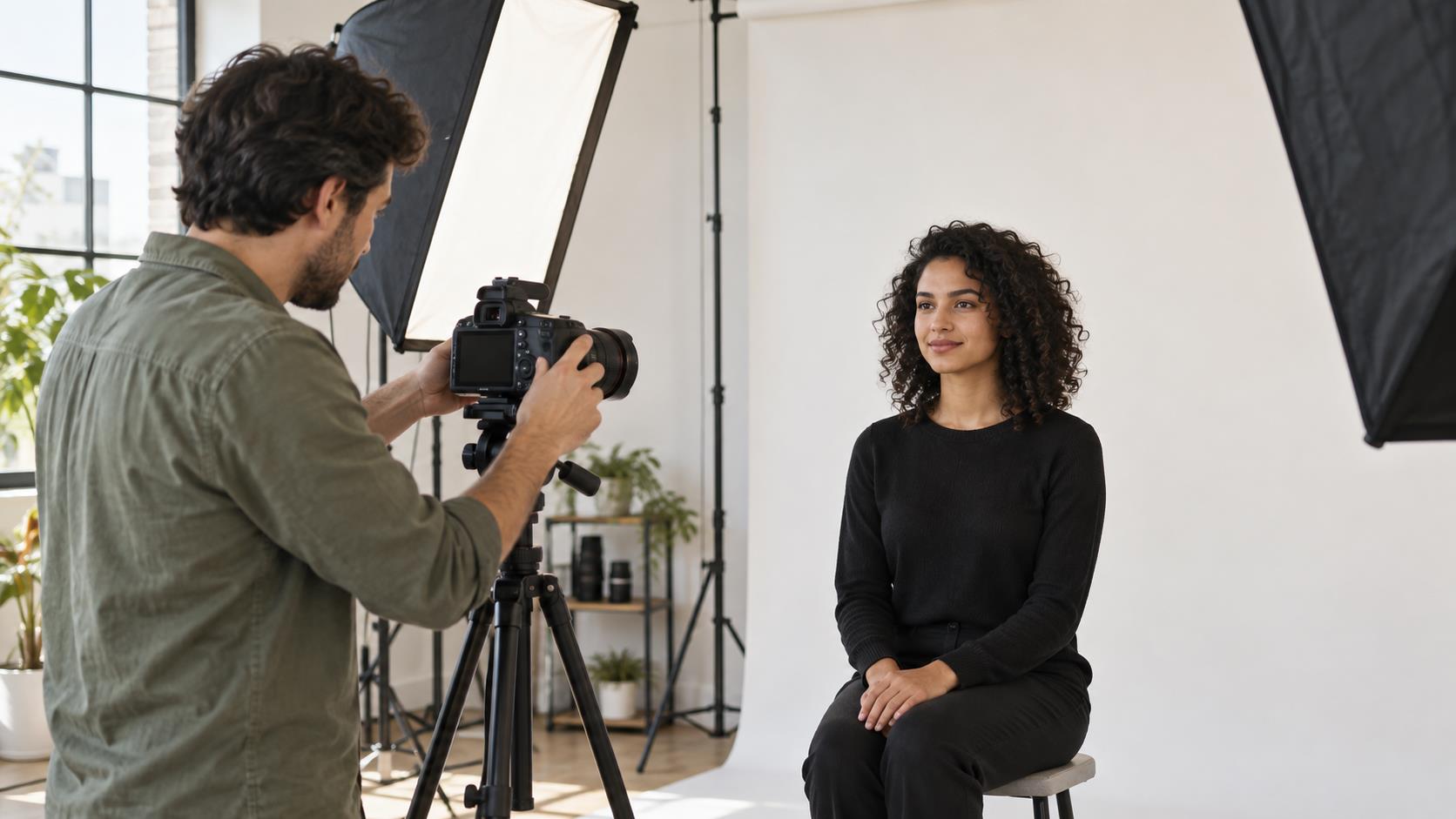 Photographer preparing to take an individual portrait in a neutral studio.