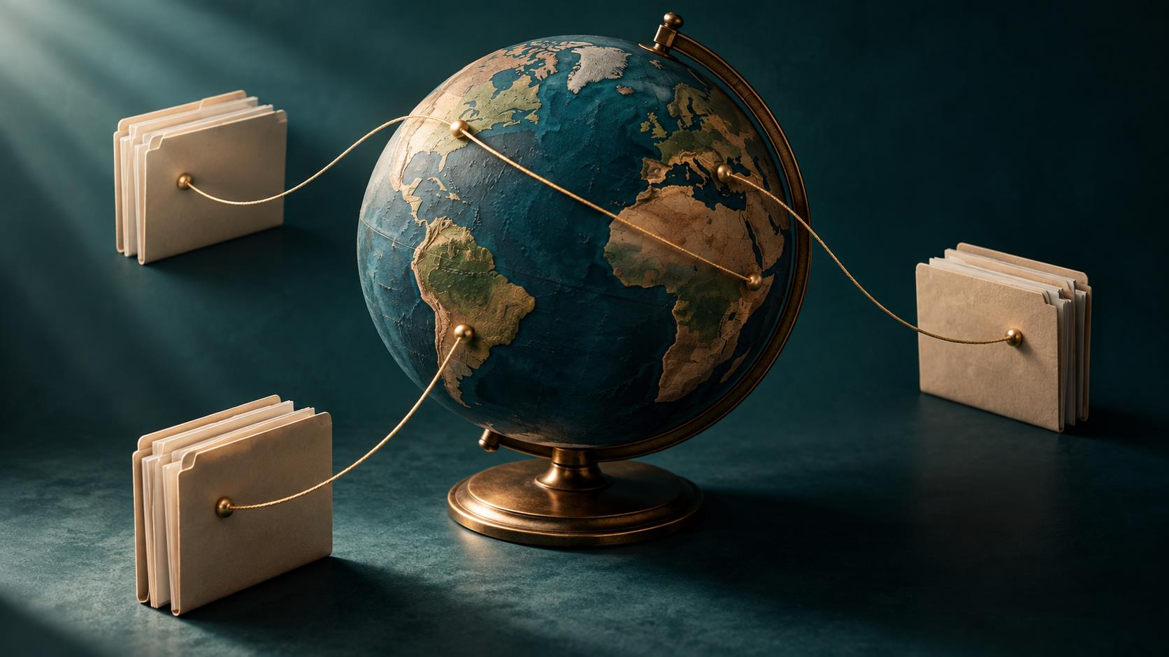 Conceptual globe connected by threads to blank document folders.