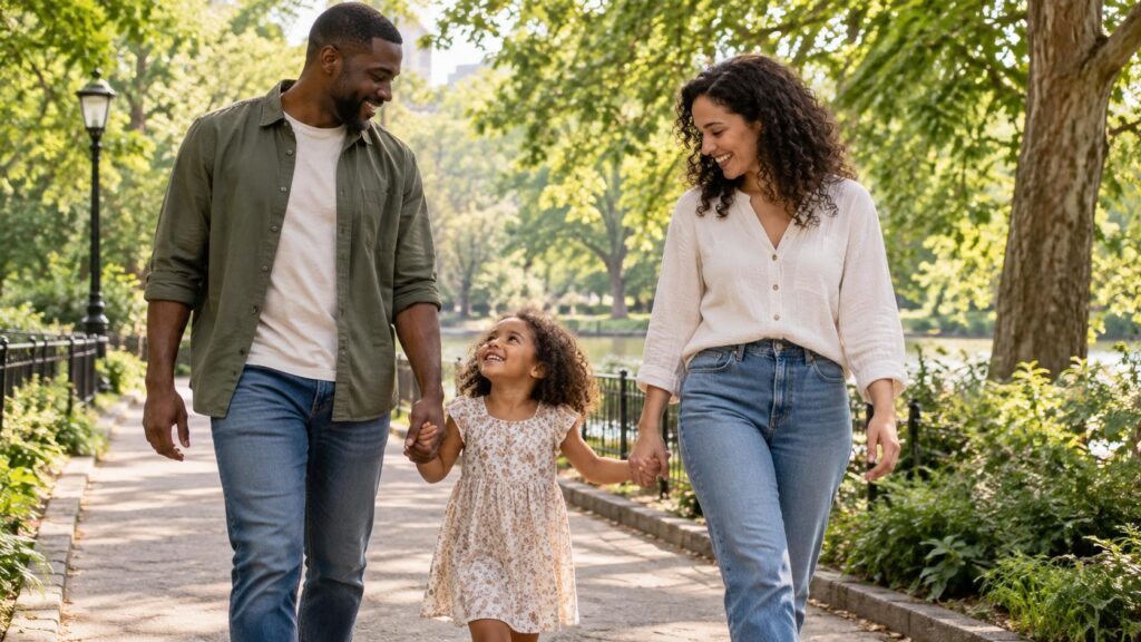 Two adults and a young child walking together in a leafy park.