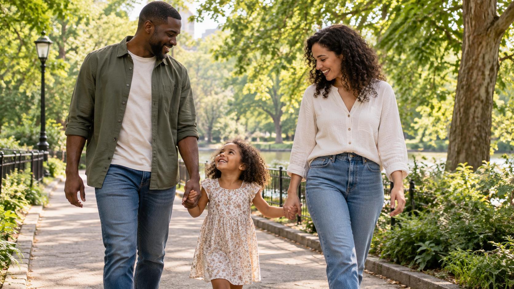 Two adults and a young child walking together in a leafy park.