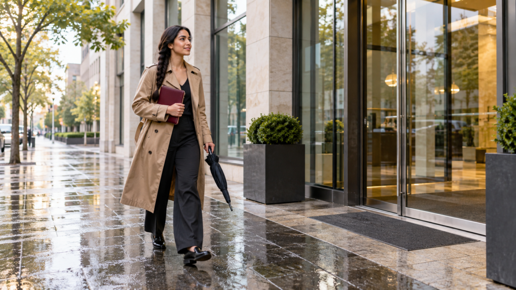 Woman carrying a burgundy document pouch and folded umbrella toward a modern office entrance after rain.