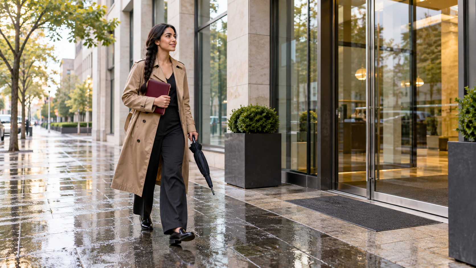 Woman carrying a burgundy document pouch and folded umbrella toward a modern office entrance after rain.