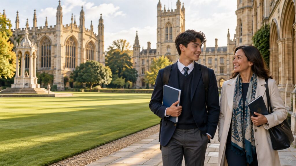 International student and parent exploring a historic British boarding school