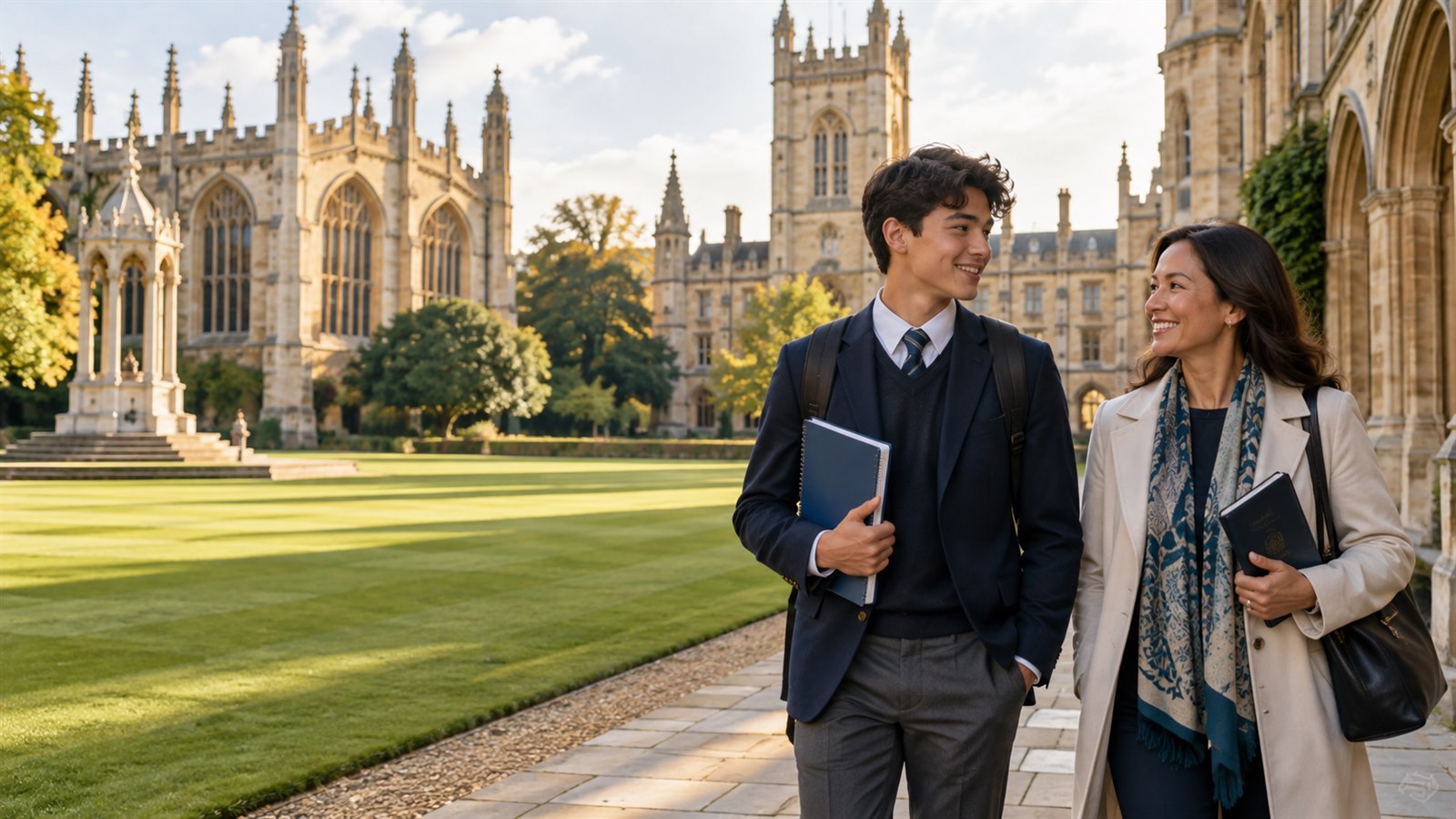 International student and parent exploring a historic British boarding school