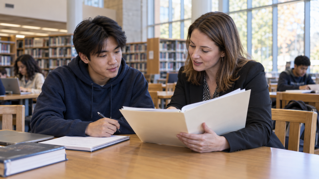 Student discussing an admission folder with an adviser in a university library; conceptual image.