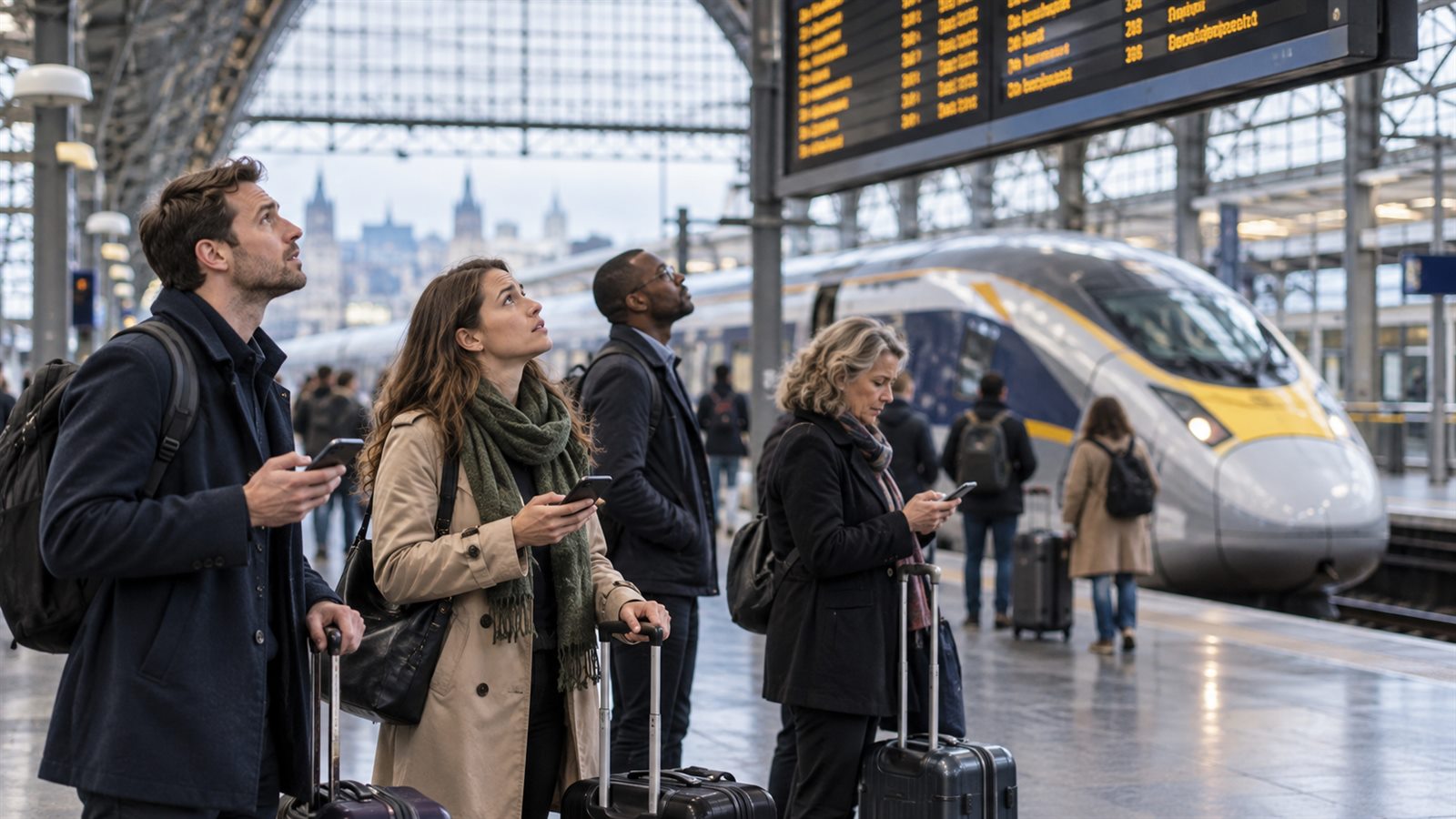 International rail passengers check travel information beside a high-speed train in a European station.