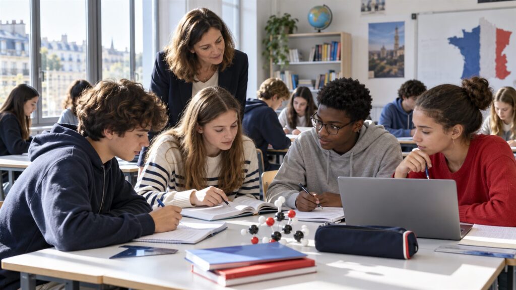 French secondary students collaborate on science, mathematics and reading activities in a classroom.