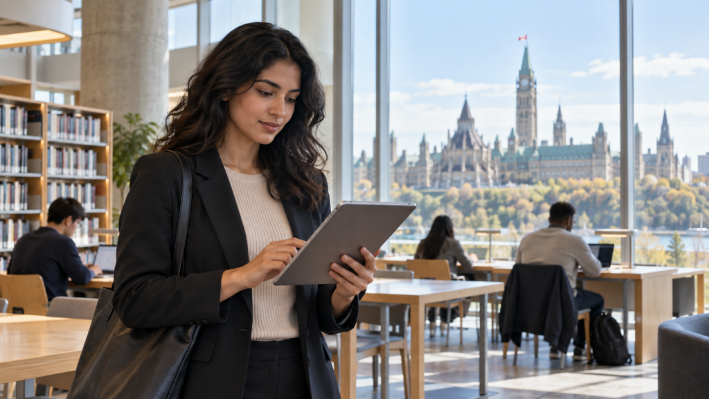 Applicant using a tablet in a bright Ottawa library with Parliament Hill visible through the window.