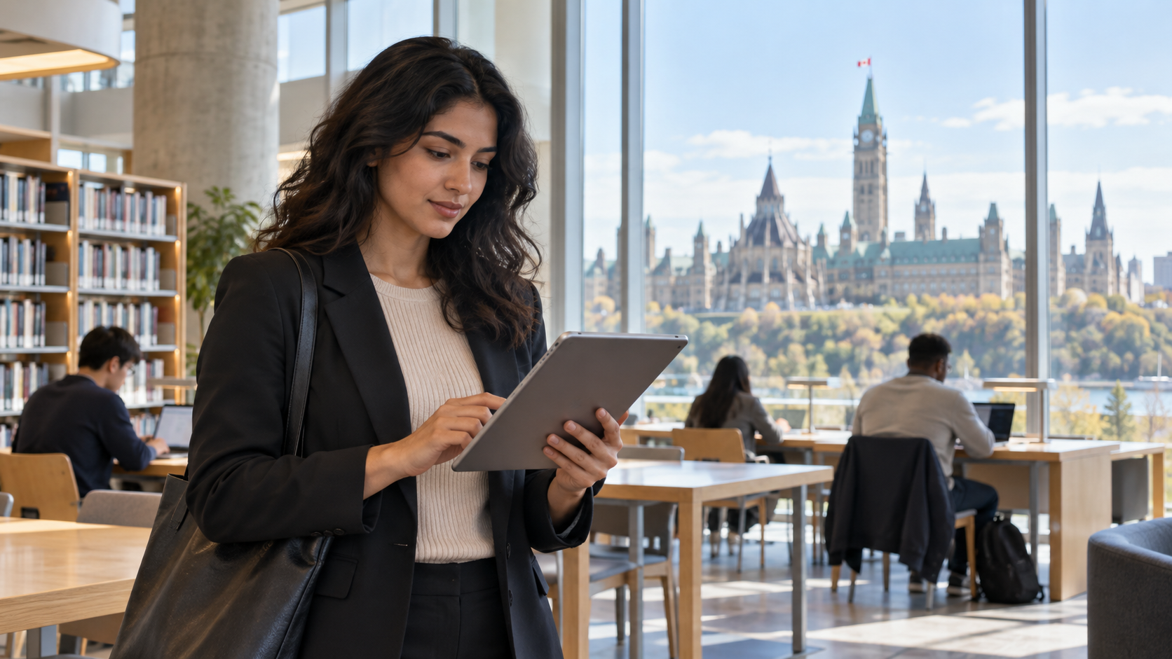 Applicant using a tablet in a bright Ottawa library with Parliament Hill visible through the window.