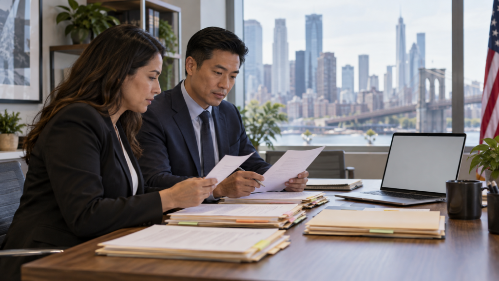 Employer team reviewing candidate folders in a U.S. office; conceptual image.