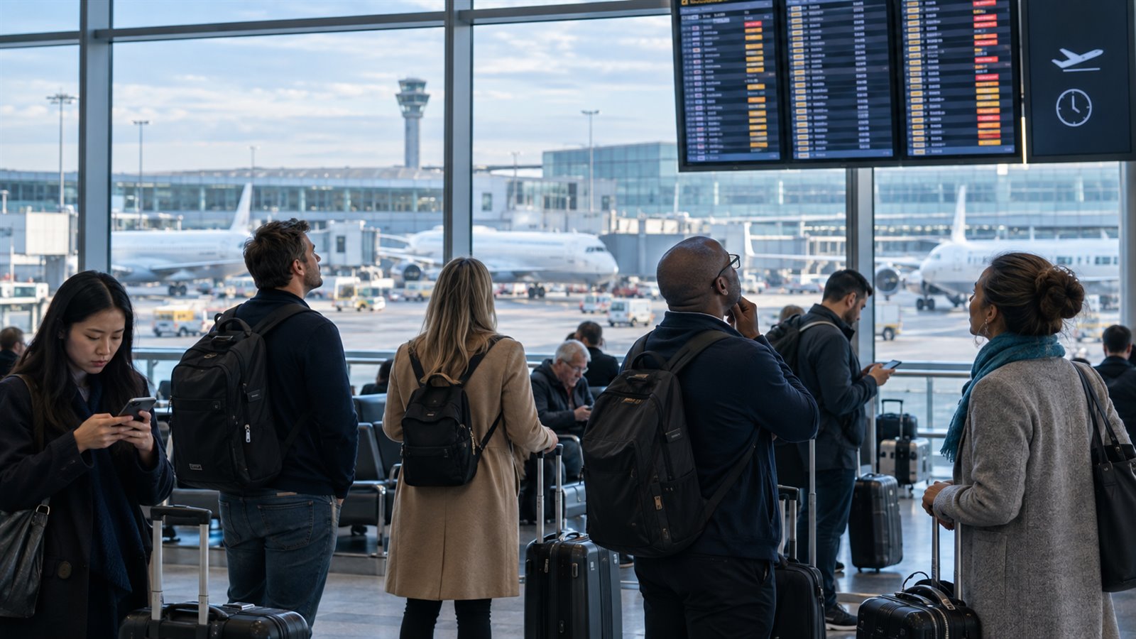 International passengers check flight updates during airport disruption.