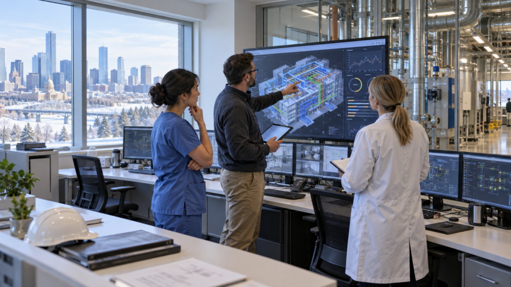 Health, research and engineering professionals discussing a technical display in an Edmonton workplace.