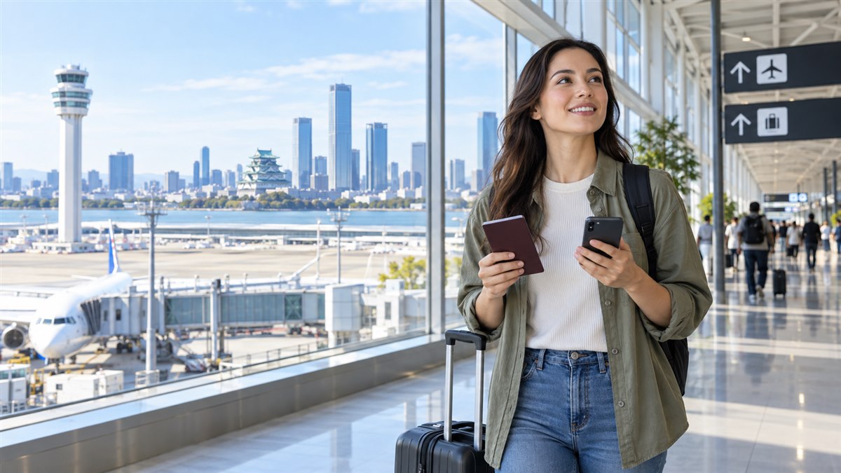 International traveler arriving at a modern Japanese airport near Nagoya