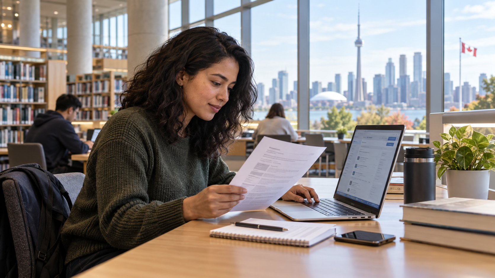 Job seeker reviewing a resume beside a laptop in a Toronto library with the city skyline beyond.