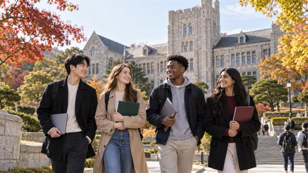 International students walking across a Korean university campus