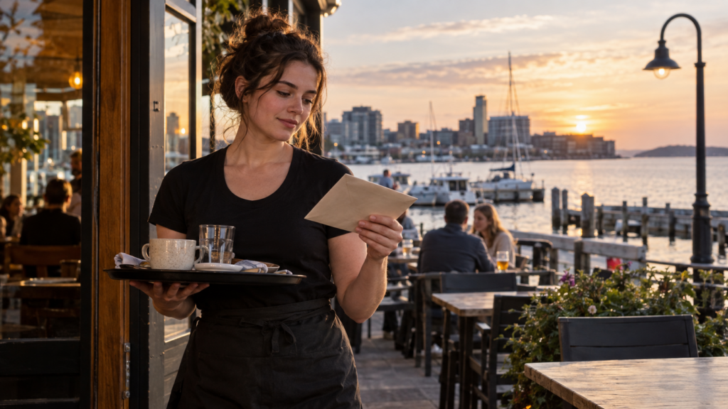 Cafe worker reviewing a pay envelope beside Halifax harbour at sunset.